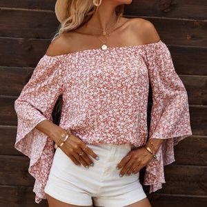 Boho Pink Floral Print Off Shoulder Ruffle Top